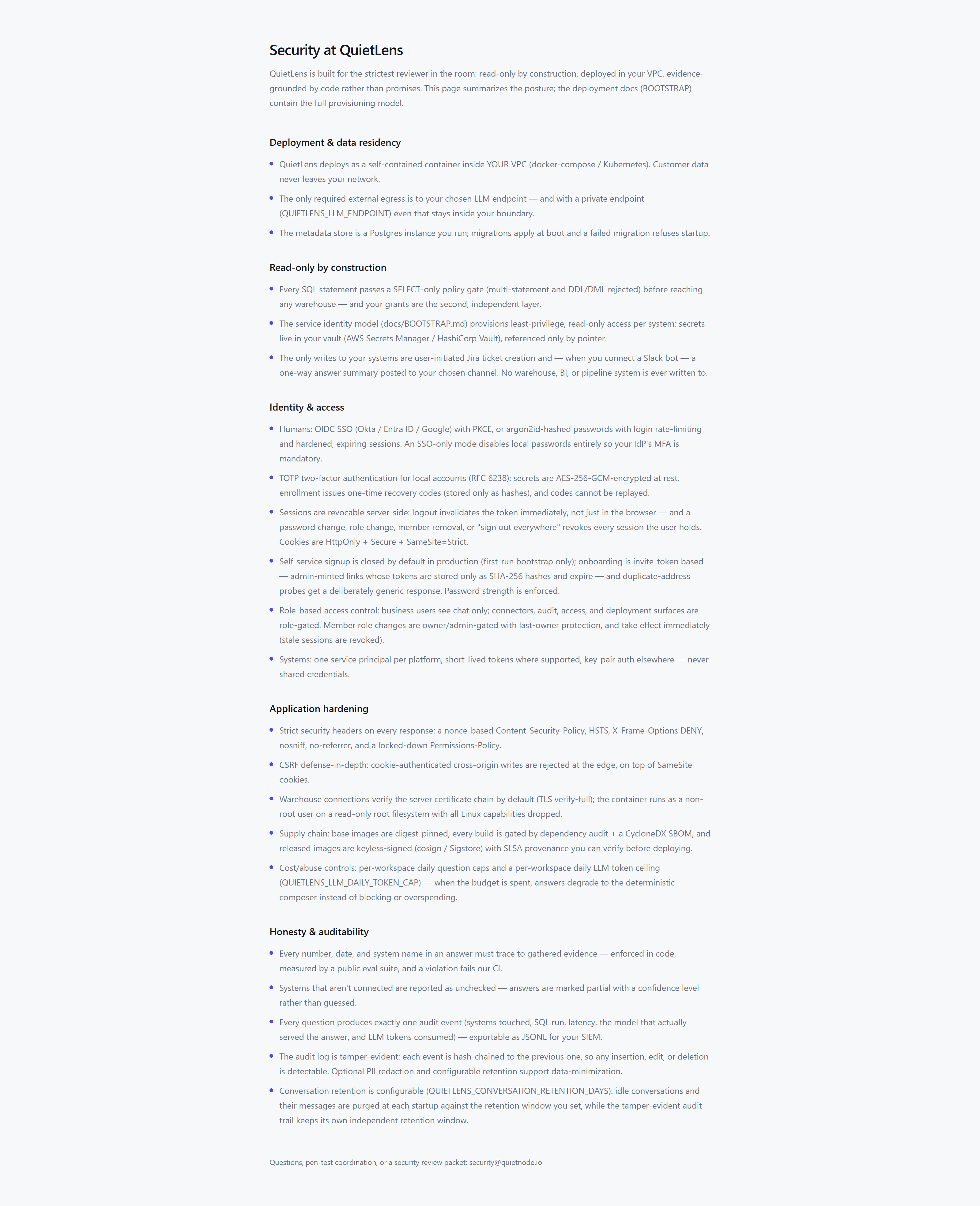 QuietLens's in-app security page describing VPC deployment, a SELECT-only policy gate, SSO and TOTP authentication, revocable sessions, strict security headers, signed supply chain, and a hash-chained audit log.